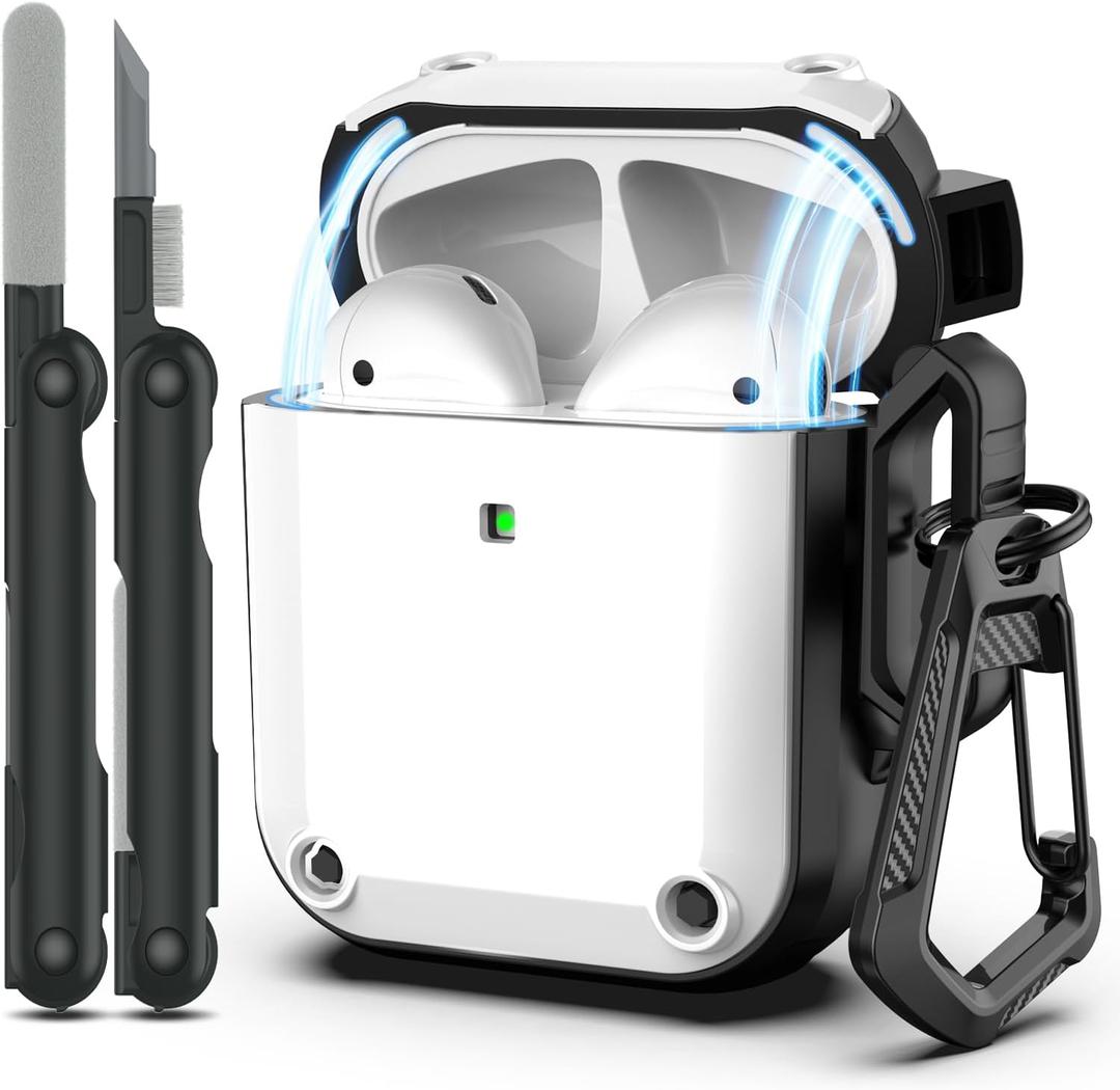 RFUNGUANGO for AirPods Case Cover, Military Grade Anti-Fall Soft TPU Shock-Absorbing Protective AirPods 2&1 Generation Case with Keychain and Cleaning Kit, Front LED Visible, White
