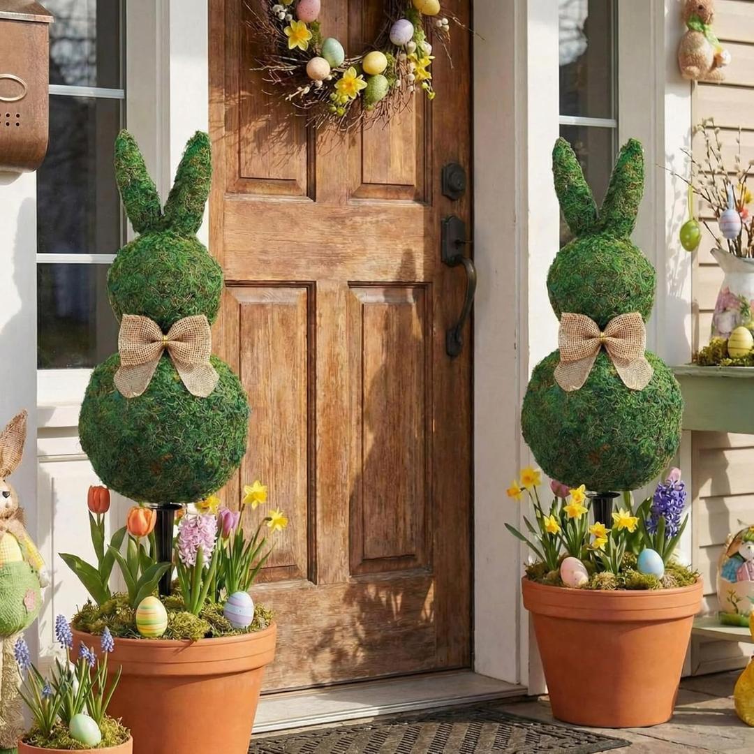 Geelin 23.6'' Easter Bunny Decorations Moss Bunny Shaped Topiary Trees with Ground Spike Artificial Moss Rabbit Topiary Faux Plants Outdoor for Easter Party Indoor Outdoor Garden Decor