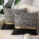 Throw Pillow Covers Set of 2 Black Gold Leather Striped Patchwork Jacquard Cushion Case Luxury Modern Square Decorative Cushion Covers for Sofa Couch Bed Home Decoration 18x18 Inch