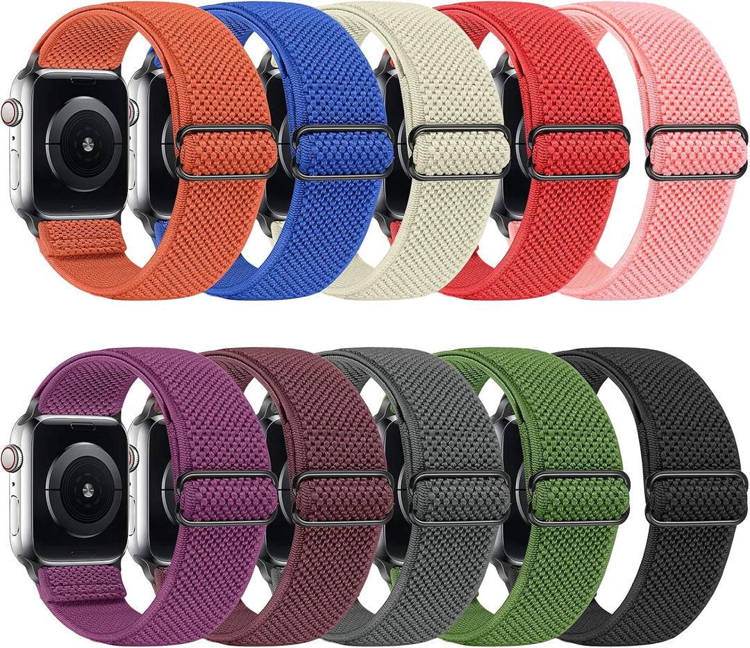 Tiptops 10 PACK Elastic Watch Band Compatible with Apple Watch 44/45/46/49/42mm(Series 3 2 1) , Adjustable Length, Stretch Nylon Sports Watch Strap, Compatible with iWatch Ultra 2 Series 10/9/8/7/SE/6/5/4/3/2/1/SE for Men Women