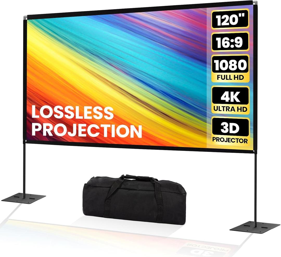 Jiang&Rong 120 Inch Portable Projector Screen with Stand - 4K HD Dual-Sided Indoor/Outdoor Movie Screen, Heavy Duty Foldable Base for Backyard, Home Theater, Parties & Meetings (16:9 Aspect Ratio)