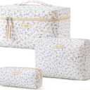 HBselect Quilted Makeup Bag, 3PCS Cotton Large Travel Makeup Bag, Cute Floral Coquette Make up Bag Cosmetic Bag Toiletry Bag for Women Girls