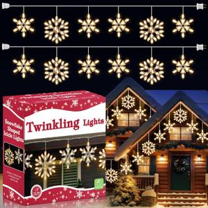 Meonum Twinkling Christmas Snowflake Lights with 6 Drops, 8.8FT 14 of 100 Random Twinkling Mini Bulbs Icicle Lights, Snowflake Christmas Decorations Outdoor for House(Warm White,2 Set)
