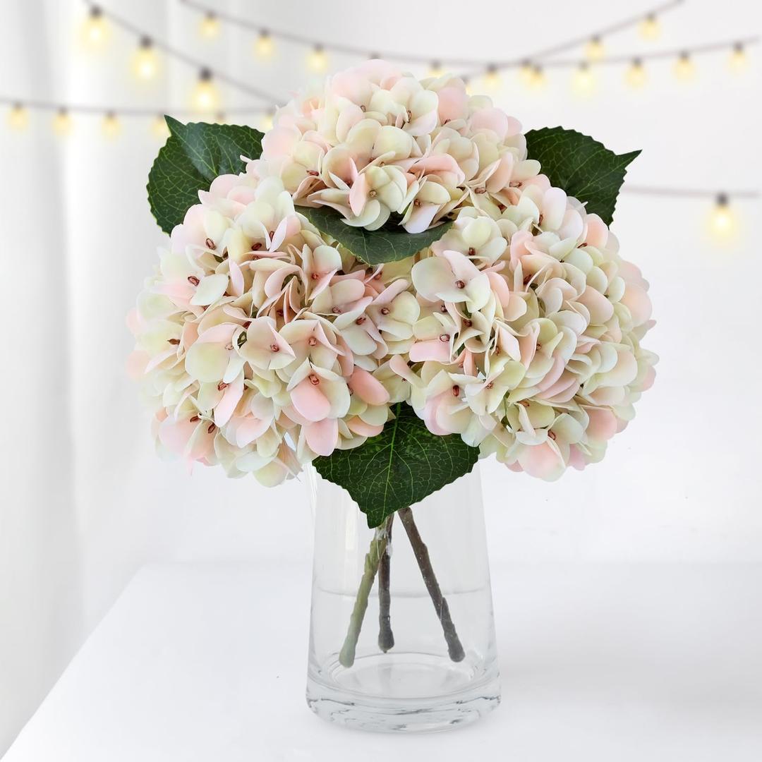 3PCS Champagne Pink Hydrangea Artificial Flowers 20" Large Fake Latex Real Touch Hydrangeas Flowers with Stems Faux Silk Bouquet for Indoor Home Decor Table Wedding Party Floral Outdoor