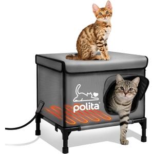Polita Indestructible Heated Cat House for Outdoor Cats All Seasons, Extremely Insulated & 100% Weatherproof, Elevated Feral Cat Shelter with Waterproof Eaves &Safe Escape Door for Stray & Barn Cats (Dark Gray)