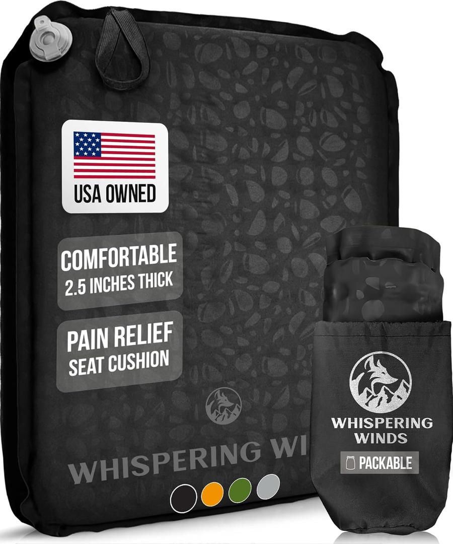 Whispering Winds Inflatable Seat Cushion  Comfortable Blow-up Foam Pad for Airplane, Travel, Stadium, Camping & Car (X-Large, Black)