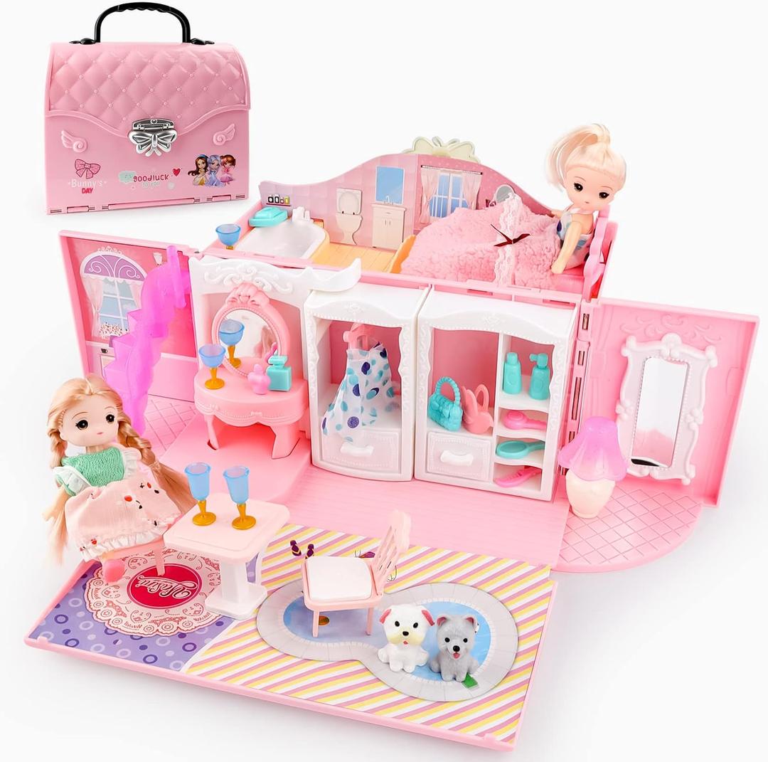 Dollhouse Portable Backpack for Girls Pretend Playhouse with Furniture & Figures 2 in 1 Playhouse Set Birthday Toys for Age 3-6 Year Old Kindergarten Toddlers Preschoolers