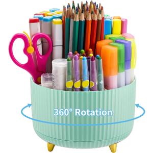 Marbrasse Desk Organizer, 360-Degree Rotating Pen Holder, Desk Organizers and Accessories with 5 Compartments Pencil Holder, Art Supply Storage Box Caddy for Office, Home (Mint Green)