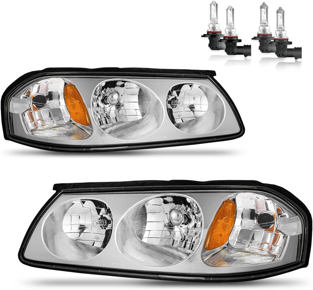 Headlights Assembly with Bulbs for 2000-2005 Chevy Impala Headlamp Replacement Chrome Housing Amber Reflector Driver & Passenger Side