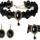 Gothic Victorian Style Vampire Choker Necklace Bracelet Earrings Set, Halloween Pirate Steampunk Witch Vampire Costume Accessories Jewelry for Women, Adjustable Size (Black-Style 1)