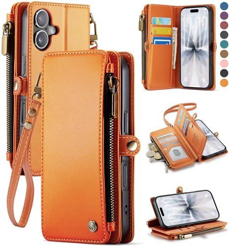 Defencase Compatible with iPhone 17 Case Wallet with RFID Blocking Card Holder for Women and Men, Fashion PU Leather Magnetic Snap Flip Zipper Strap Wallet Phone Case for iPhone 17 6.3", Orange