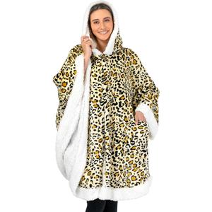 PAVILIA Sherpa Fleece Wearable Blanket for Adult Women, Cozy Plush Blanket Poncho Cape with Hood, Super Soft Shawl, Angel Wrap Throw for Office, Cheetah Yellow