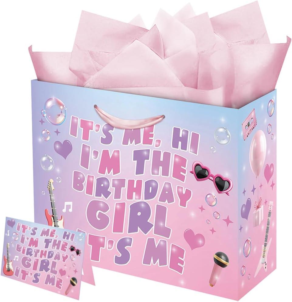 Vichona I'm The Birthday Girl Gift Bag for Girls, Pink Happy Birthday Party Decorations Gift Bag Card for Daughter Granddaughter Friends