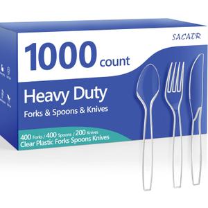 SACATR 1000 Count Plastic Silverware Heavy Duty - 400 Forks, 400 Spoons, 200 Disposable Knives, BPA-Free, Disposable Plastic Cutlery Set, Plasticware Suitable for Party Everyday Use