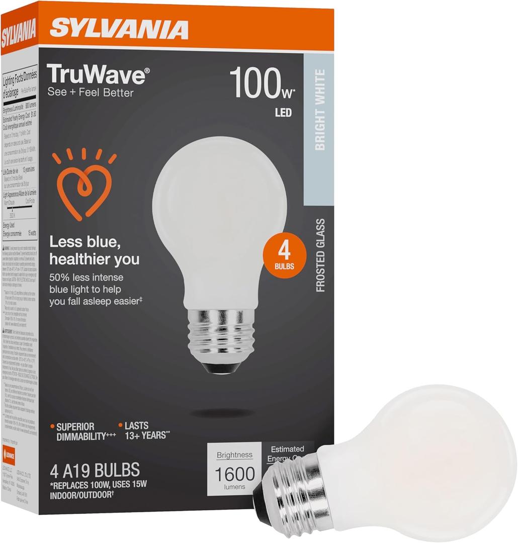 Sylvania LED TruWave Natural Series A19 Light Bulb, 100W Equivalent, Efficient 15W, 1600 Lumens, Medium Base, Dimmable, Frosted, 3500K, Bright White- 4 Pack (42277)