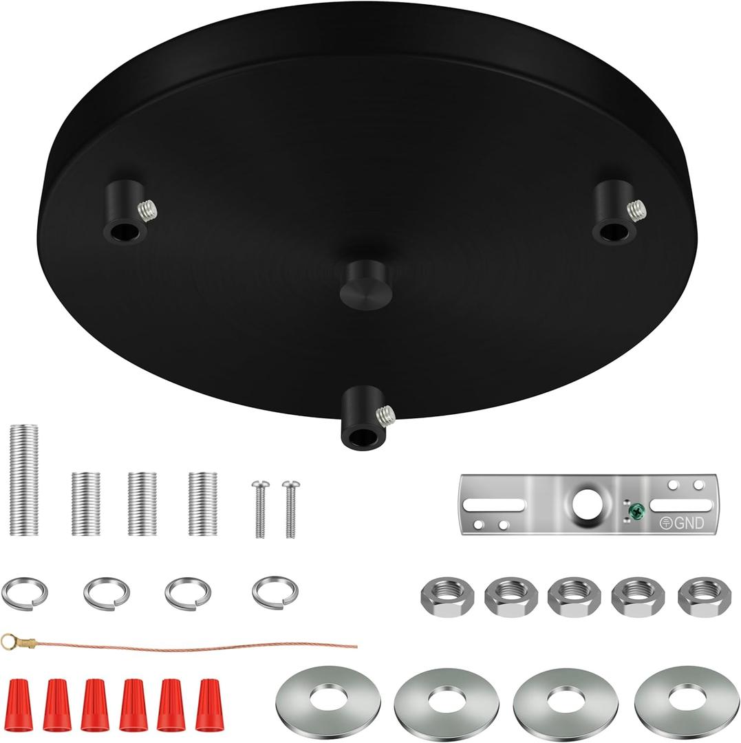 10 Inches Light Canopy Kit, Heavy Duty Replacement Ceiling Cover Plate & Mounting Hardware for 3-Light Cluster Pendant Lighting Fixture (Black)