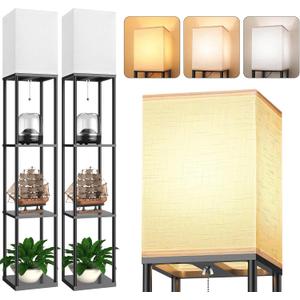Floor Lamp with Shelves for Living Room 2 Pack, Shelf Floor Lamp with 3 CCT LED Bulb, Corner Display Standing Column Lamp Etagere Organizer Tower Nightstand with White Linen Shade for Bedroom, Office (Black)