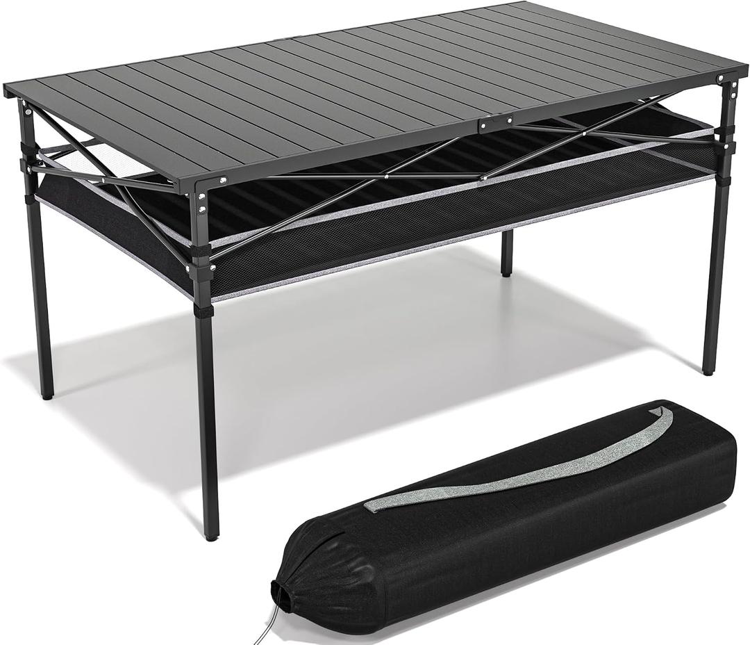 Folding Camping Table, Aluminum Roll-up Table with Storage Net and Carrying Bag, Outdoor Lightweight Camp Table for Picnic, Camping, Beach,Backyard, BBQ, Party, Patio, 106.00 x 70.00 x 70.00 centimeters