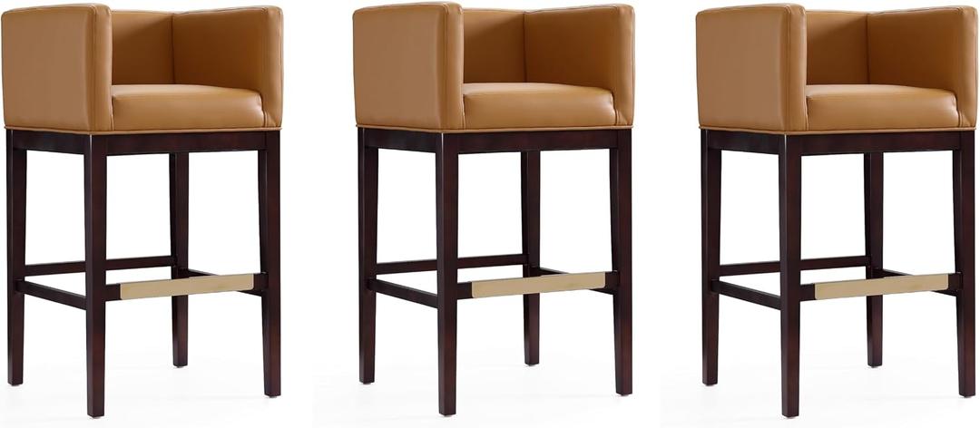 Manhattan Comfort Kingsley Faux Leather Barstool, Mid Century Modern Design, Walnut Beech Wood with Gold Metal Footrest, Fully Assembled Bar Stool for Kitchen Seating, 30" Seat Height, Set of 3, Camel