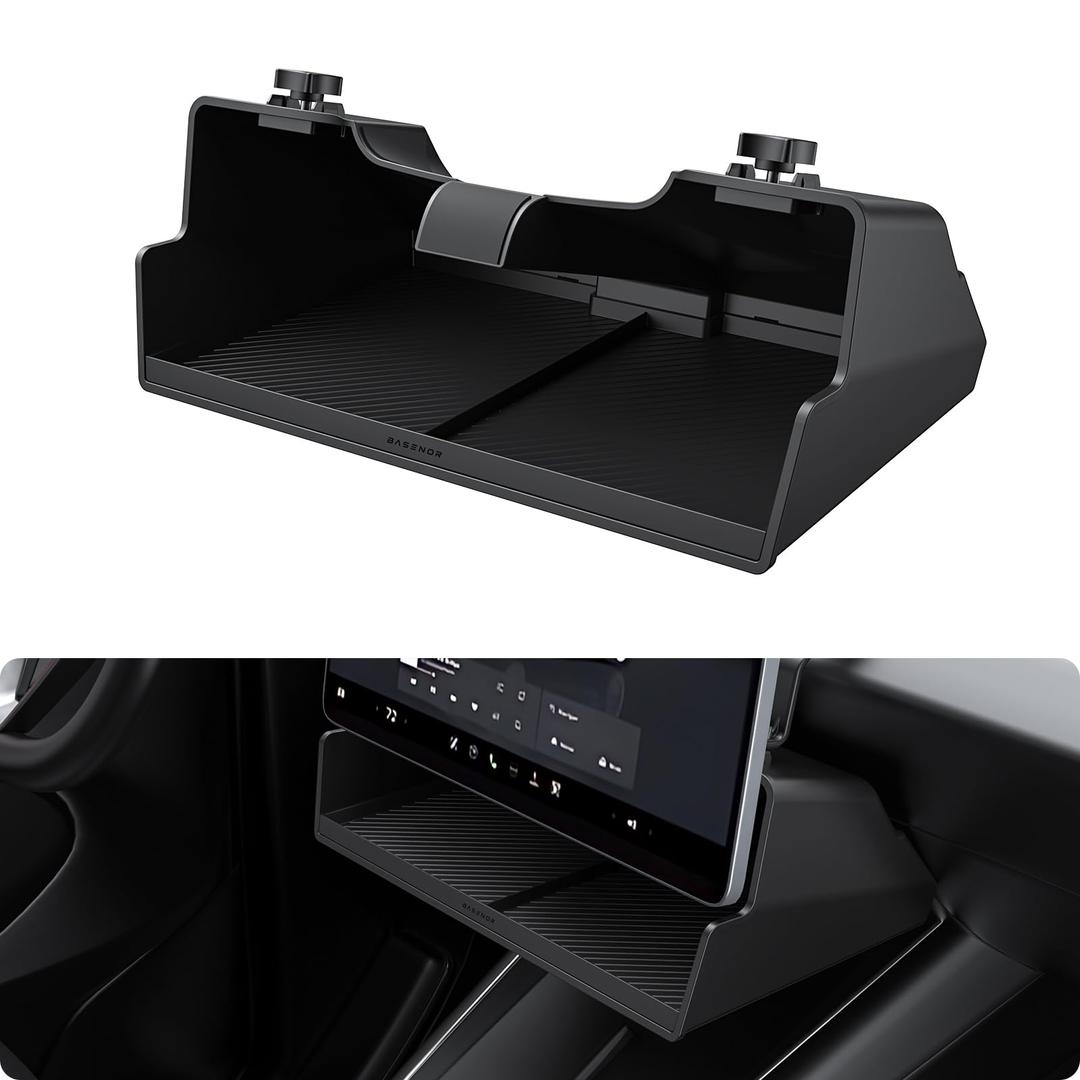 BASENOR 2026 Tesla Model Y Model 3 Under Screen Storage Box [100% Secure] Center Console Organizer Tray for Model Y Juniper 2025 2026 Model 3 Highland 2024 2025 2026 (Standard, Premium & Performance)