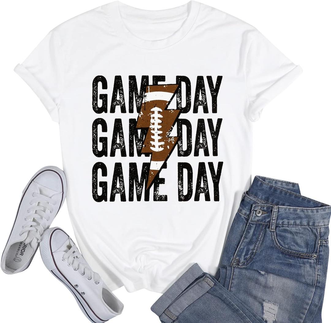 Womens Football Sequin Embroidery Shirts Oversized Vintage Game Day Tshirt Casual Football Season Short Sleeve Tops (White, M)
