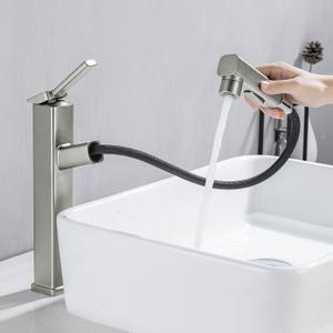 HANLIAN Single Hole Bathroom Pull Out Faucet with Rotating Spout, One Handle Faucet for Bathroom Sink, Modern Bathroom Faucet with Pull Down Sprayer, 3 Modes Vanity Faucets (Brushed Nickel, Tall)