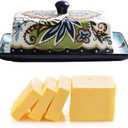 Ceramic Butter Dish with Lid Bohemia Hand Drawn Butter Plate Tray with Cover for Cheese Vintage Cheese Container Holder European-Style Butter Keeper for Home Kitchen 7.9 x 4.5 x 3.1 Inches (1)