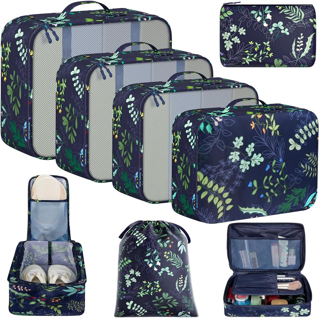 BAGAIL 8 Set Packing Cubes Luggage Packing Organizers for Travel Accessories-Navy Leaf