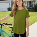 CharmWM Girls Short Sleeve T Shirts Kids Summer Crewneck Curved Hem Tunic Tops Basic Tee (Green)