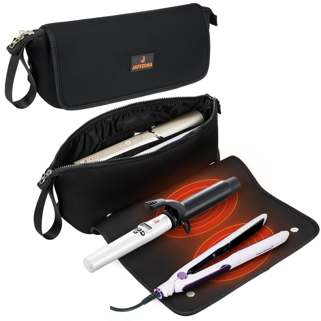 Hair Tools Travel Bag with Heat Resistant Mat, Portable 2 in 1 Hair Storage Bag for Curling Iron, Flat Irons, Straighteners and Haircare Accessories, Black