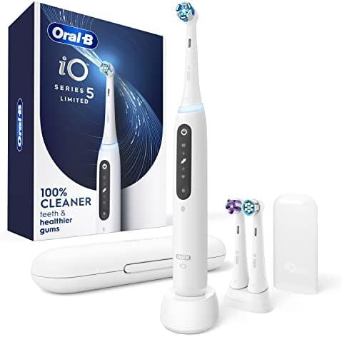 Oral-B iO Deep Clean + Whiten Rechargeable Electric Toothbrush with Visible Pressure Sensor, 2 Minute Timer, 5 Cleaning Settings, 1 iO5 Limited, 3 Toothbrush Heads, Travel Case & Refill Holder, White