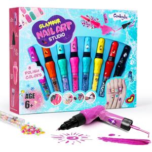 8-Count Nail Art Pen Set for Kids, Non-Toxic Nail Polish & Glitter with Doodle Tip, Nail Art Kit for Girls 7-12, Birthday for 8-12, Toys for 10 Year Olds, Includes Stickers, Gems (Blue)
