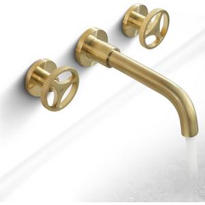 SKOWLL Wall Mount Bathroom Faucet 3 Hole, Widespread Brass Vessel Sink Faucet Modern with 360 Swivel Spout, Brushed Gold