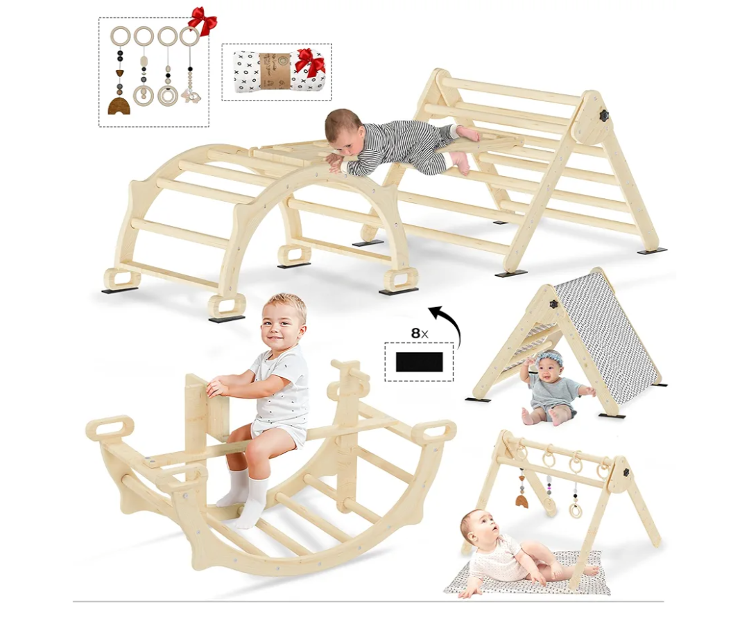 8 in 1 Pikler Triangle Set, Foldable Baby Climbing Wooden Toys with Detachable Seesaw, Arch&Ramp&Ladder, Montessori Climbing Set, Toddler Climbing Toys Indoor Climbing Gym, All Natural Wood
