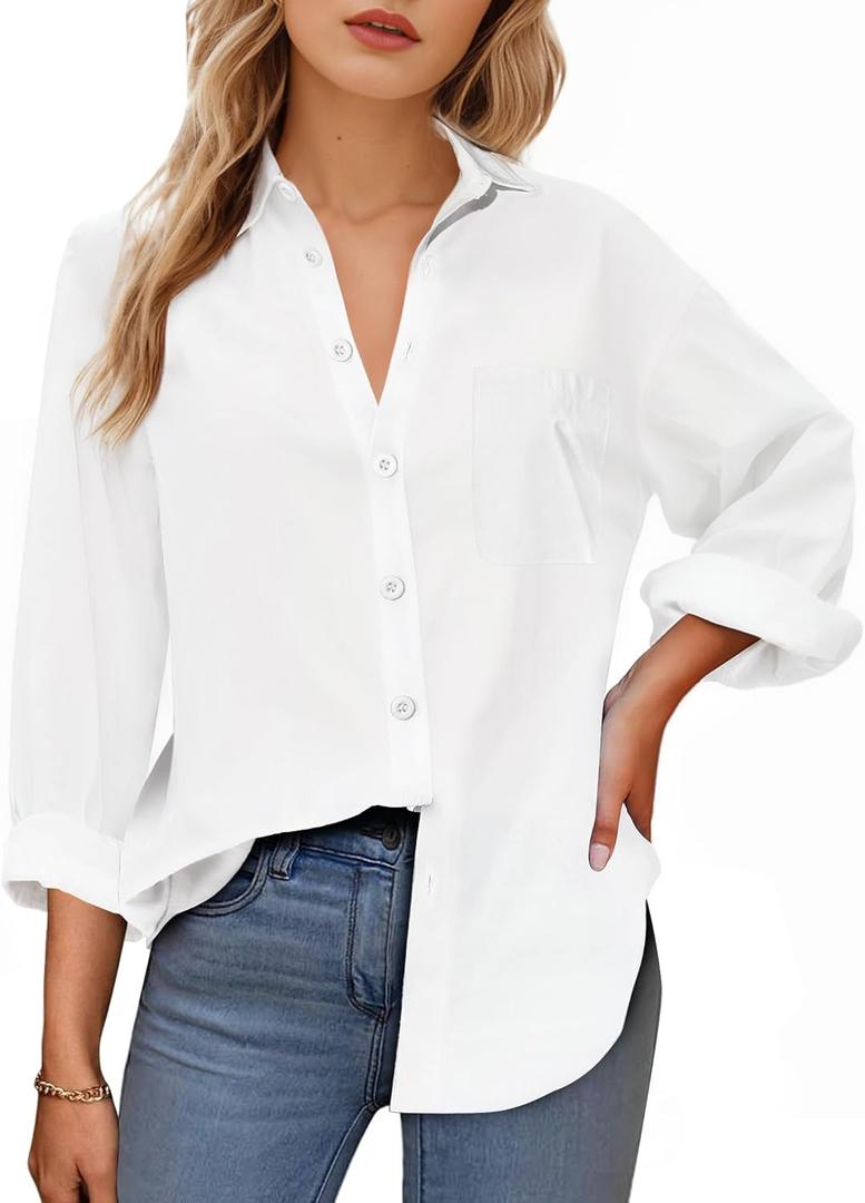 Womens Button Down Shirts, Long Sleeve Cotton Blouse for Women Casual, Collar Long Sleeve Blouse Tops for Pocket (Medium, White)