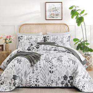 Xruibed Quilt Set Queen Size 3 Pieces Grey Floral Quilt Sets Reversible Bedspreads Bedding Set Soft and Cozy Microfiber Lightweight Quilt Flower Plant Bed Coverlet Sets for All Season(Queen 96"x90")