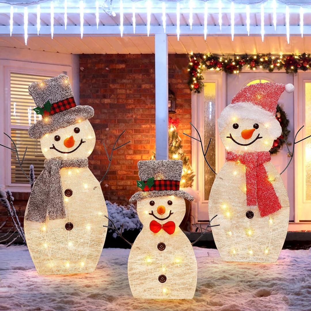 ATDAWN Light Up Snowman Family, Pre-Lit 60 Lights Christmas Collapsible Snowman Outdoor Decoration, Outdoor Lighted Snowman Christmas Yard Decorations, SF02