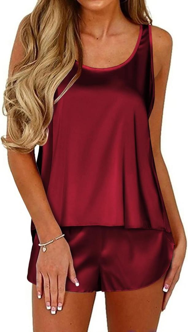 Ekouaer Womens Satin Silk Pajamas Back Split Tank Top and Shorts Silky Pj Set Sleepwear (A-wine Red) Size Small 
