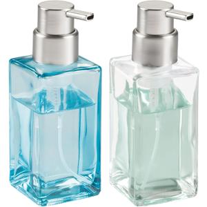 mDesign Glass Refillable Foaming Hand Soap Dispenser Modern Square Pump Bottle for Bathroom Vanity or Kitchen Sink, Countertops  Casi Collection  2 Pack  Blue/Brushed, Clear/Brushed