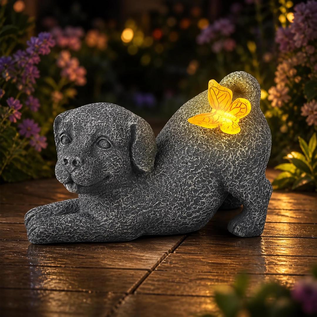 Solar Dog Statue with Butterfly Light, Outdoor Puppy Resin Garden Figurine for Patio Yard Lawn, Pet Memorial Gift for Dog Lovers