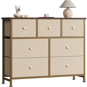 Sweetcrispy 7 Drawer Dresser for Bedroom Storage with Fabric Bins, Khaki, 39.3"D x 11.8"W x 30.3"H