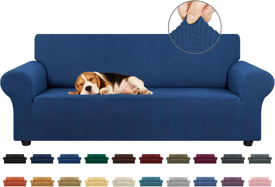 KEKUOU Stretch Sofa Cover Slipcover ，Couch Covers for 3 Cushion Couch Sofa pet Friendly (78"-94") Furniture Protector Sofa with Elastic Bottom for Kids,Dog, Jacquard Small Checked(Large,Classic Blue)