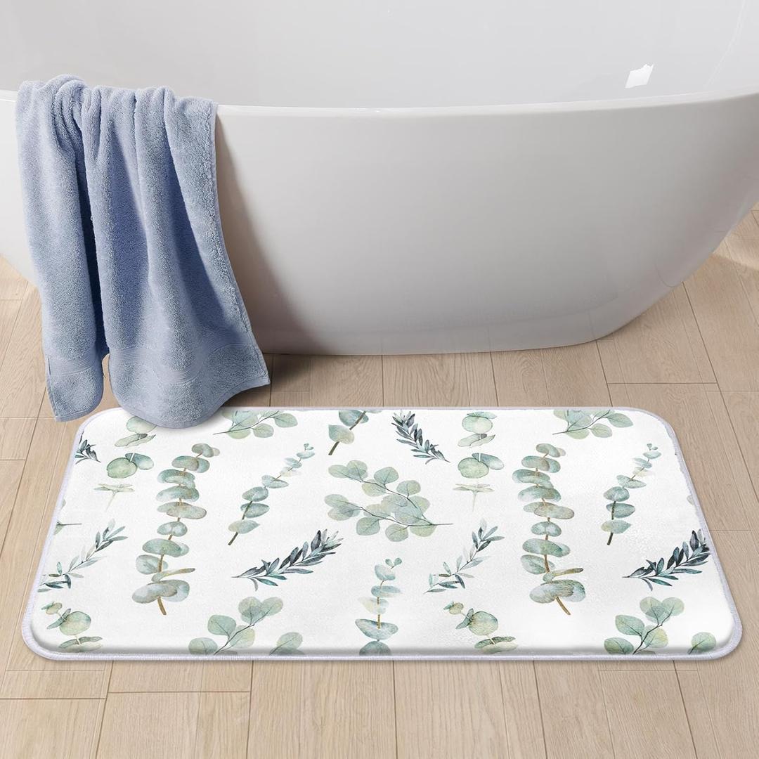 Britimes Bath Mat for Bathroom Plant Eucalyptus Herb Shaggy Bathroom Mat Non Silp Water Absorbent Bath Rug Soft Washable Floor Rug Leaves Green for Tub Showers Laundry Room Decor (1'5" x 2'6" (Rectangular))