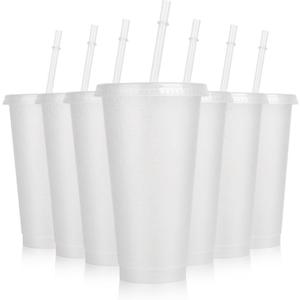 Hooqict 7 Pack Reusable Plastic Cups with Lids and Straws 24oz Tumbler Water Iced Coffee Cups Smoothie Cold Drink Cups for Summer, Birthdays, Sleepover Party Supplies (Clear)