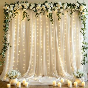 10x10ft Cream White Tulle Backdrop Curtains with Lights String for Parties,Wrinkle Free Sheer Curtain Wedding Photo Backdop Drapes for Baby Shower Birthday Party Photography Home Decorations