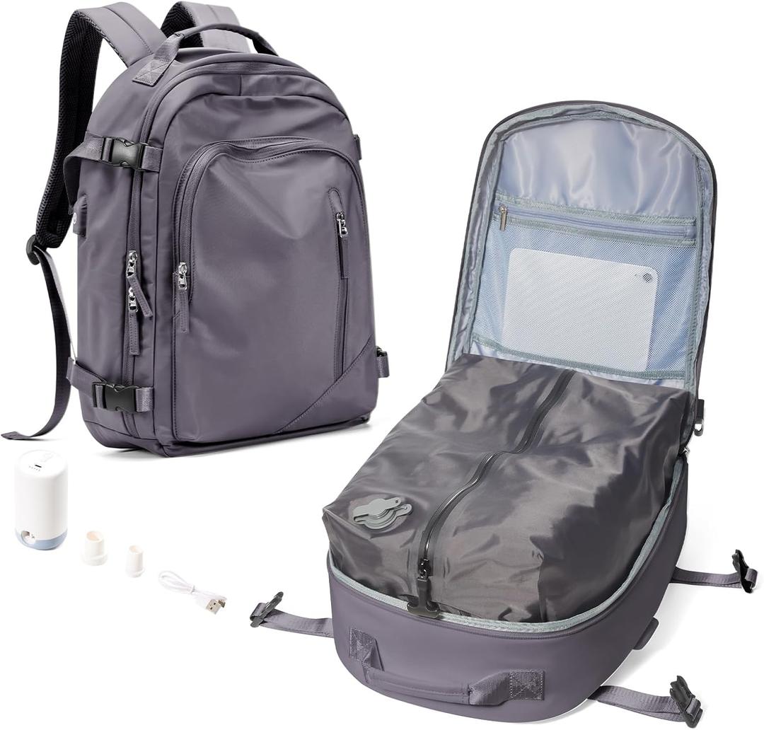 BJLFS Travel Vacuum Backpack for Women Men, Vacuum Seal Compression bag with Electric Pump, Waterproof Carry On Suitcase Luggage Flight Approved Personal Item Bag with USB Charger, Purple