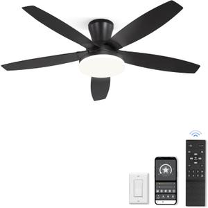48 inch Ceiling Fans with Lights and Remote/APP Control,Black Low Profile Ceiling Fan with Light,Quiet DC Motor,LED Dimmable, Modern Flush Mount Ceiling Fan for Bedroom Indoor/Outdoor Patio