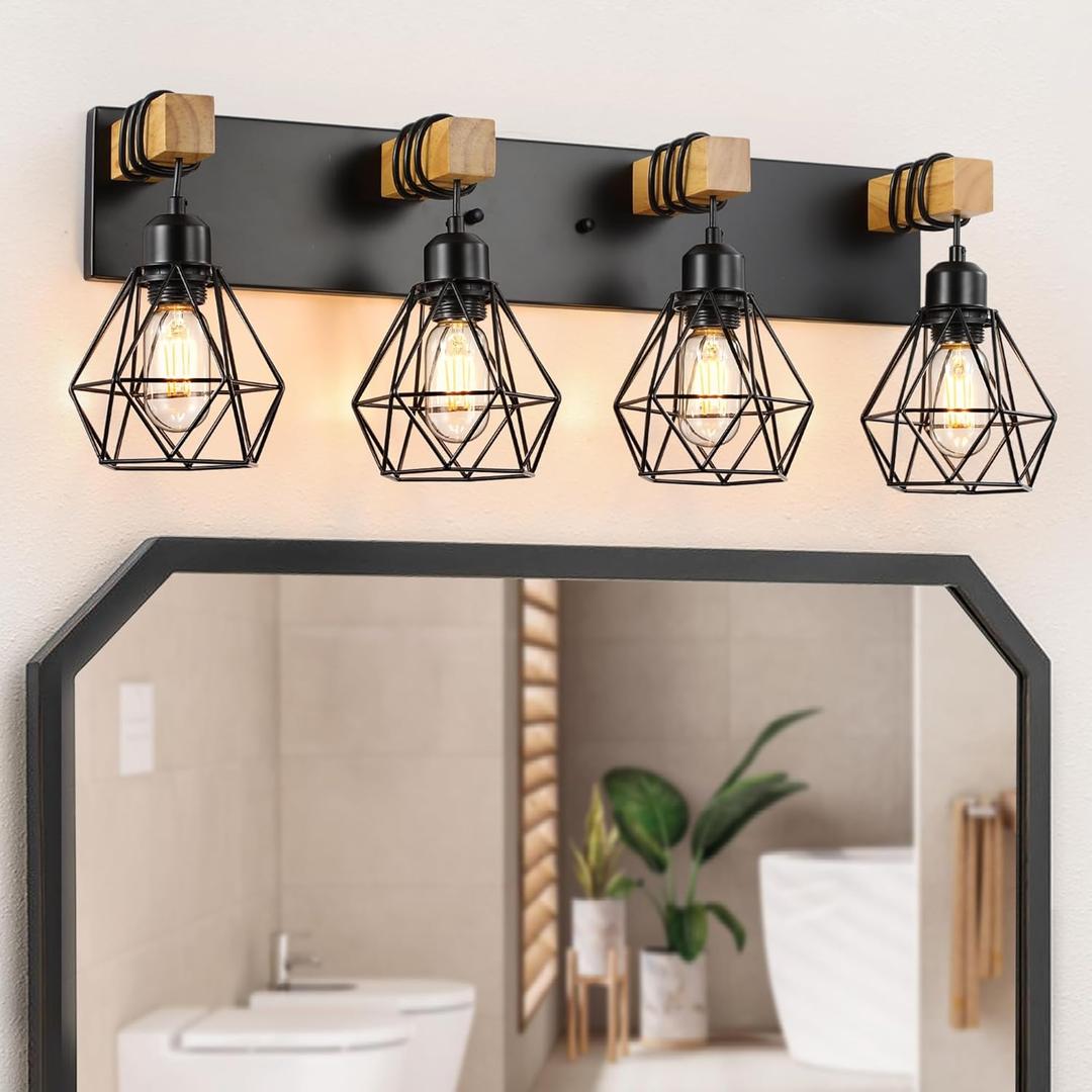 4-Light Farmhouse Bathroom Vanity Light Fixtures, Wood Bathroom Light Fixtures Over Mirror, Rustic Sconces Wall Lighting with Elegant Metal Lampshade for Living Room, Bedroom, Hallway (Black)