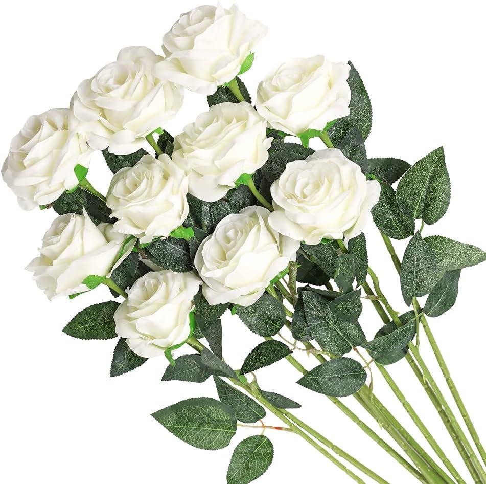 Veryhome Artificial Flowers Silk Roses Fake Bridal Wedding Bouquet for Home Garden Party Floral Decor 10 Pcs (White Curved stem)