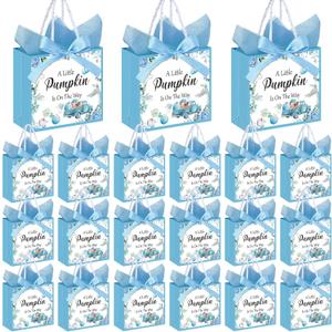Gersoniel 50 Set a Little Pumpkin Is on the Way Baby Shower Party Gift Bags with Handles Fall Pumpkin Baby Shower Paper Bags with Ribbon Bow and Blue Tissue Paper for Autumn Gender Reveal Decoration